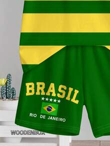 Young Boy Casual T-Shirt Set, Classic Brazilian Soccer Player Graphic Print, Retro Striped Pattern Print, Brazilian Flag Print, Suitable For Soccer Sports, Suitable For Spring And Summer - Multicolor - View 5