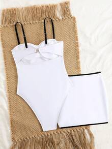 Swim Oasis 1件式可調式肩帶可拆式胸墊對比色拼接女款泳衣上衣與短裙套裝，時尚性感，適合春夏季 - 白色 - 查看 2