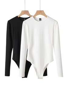 SHEIN BASICS 2件套加大码休闲纯色圆领长袖连体衣，春秋季 - 彩色 - 查看 1