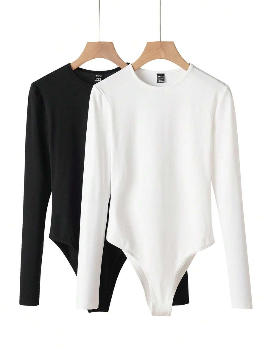 SHEIN BASICS 2件套加大码休闲纯色圆领长袖连体衣,春秋季 - 彩色 - 查看 1