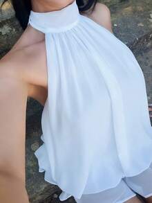 Vassilux 女款優雅淺黃色掛脖繫帶迷你洋裝，白色夏季派對女裝 - 白色 - 查看 3
