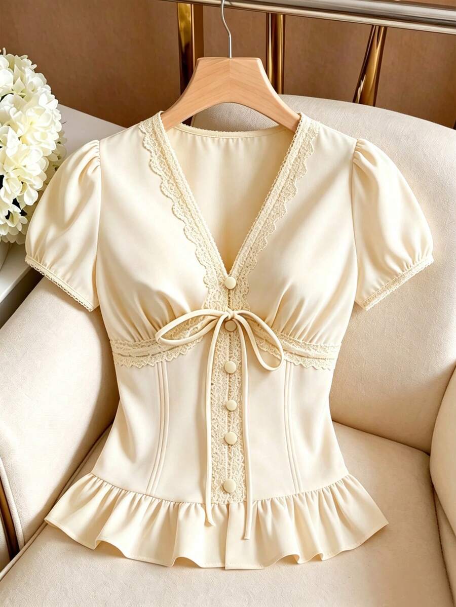 GlowEve Blusa de cuello en V con volantes para vacaciones para mujer - Albaricoque - Ver 1