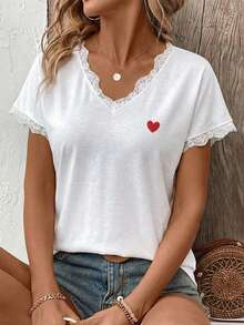 EMERY ROSE Women's New Arrival Spring/Summer Heart Print Lace Patchwork V-Neck Short Sleeve T-Shirt - White - View 5