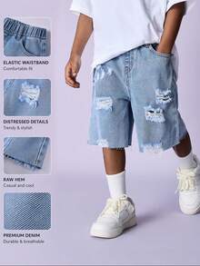 SHEIN Quần short Bermuda denim dáng rộng, rách nhẹ, màu xanh nhạt, phong cách thường ngày cho bé trai, thích hợp mặc vào mùa xuân và mùa hè. - Màu xanh lam - Xem 3