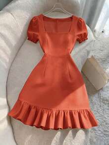 SHEIN Franclia 女款珍珠領短袖A字洋裝，休閒顯瘦方領優雅素色雞尾酒派對長裙，適合夏/秋場合，杏色 - 橘色 - 查看 3