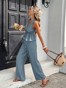 Serisse Women's Vacation Casual Striped Drawstring Waist Tank Top And Pants 2 Pieces Set - Mint Green - View 3