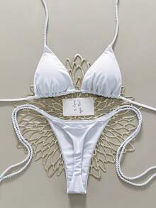 Swim Vcay Bộ 2 món bikini dây thừng thủ công dành cho nữ, màu trắng, thanh lịch, trang phục Valentine cho nữ, bikini vỏ sò, đồ bơi vỏ sò, thích hợp cho đám cưới và sự kiện. - trắng - Xem 1