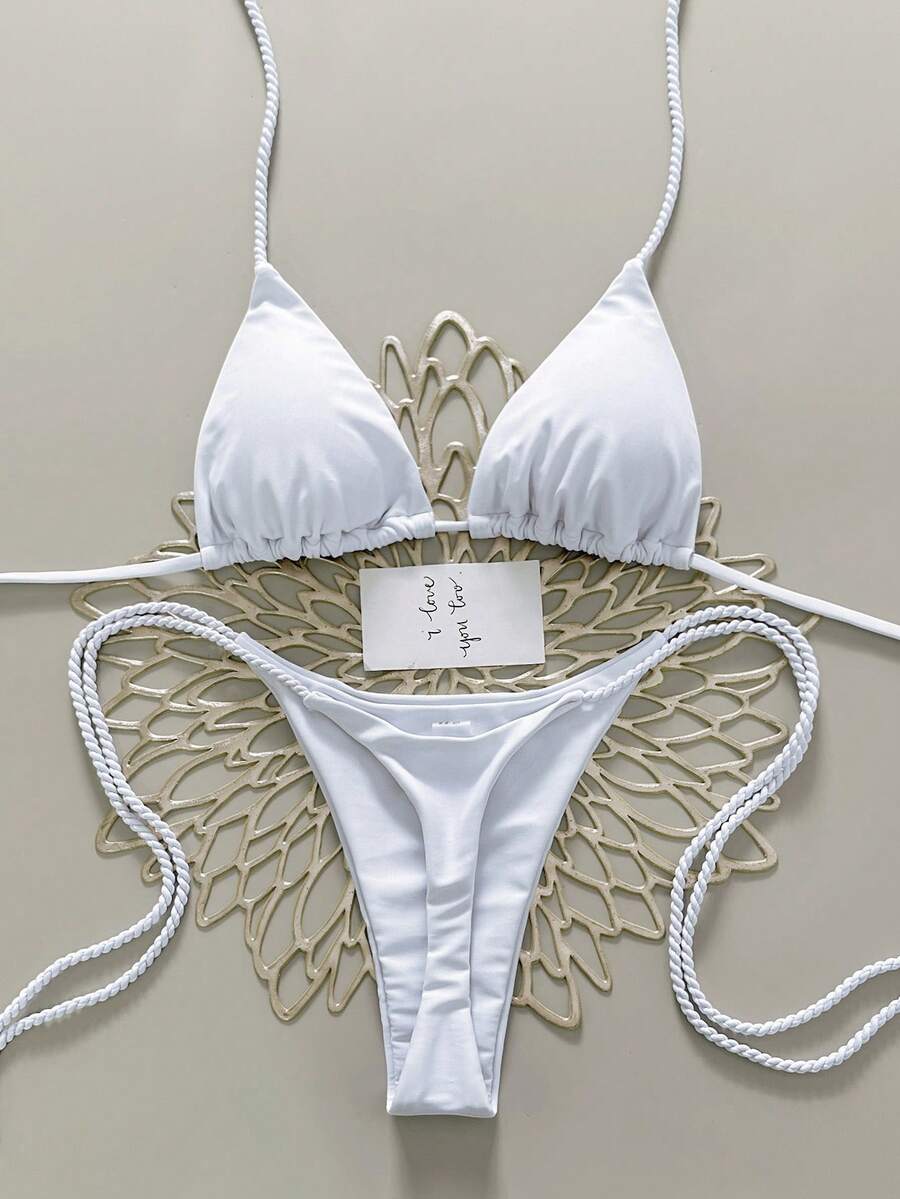 Swim Vcay Bộ 2 món bikini dây thừng thủ công dành cho nữ, màu trắng, thanh lịch, trang phục Valentine cho nữ, bikini vỏ sò, đồ bơi vỏ sò, thích hợp cho đám cưới và sự kiện. - trắng - Xem 1