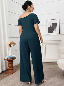 Feyla Conjunto de 2 piezas de top asimétrico y pantalones de unicolor casual y de oficina en talla grande - Agua verde azul - Ver 2