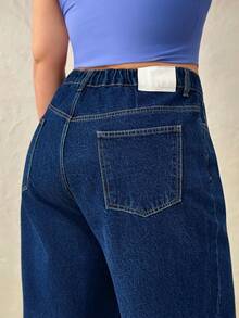 SHEIN WOMEN DENIM PLUS SIZE ELASTIC BAND BLUE JEAN - Dark Wash - View 5