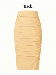 EMERY ROSE Pale Yellow Solid Color Ruched Bodycon Skirt For Women Party Autumn Bandage - Yellow - View 3