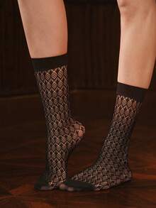 Bisouelle 3 paires de chaussettes hautes pour femmes à motif floral rayé en maille, sexy et mignonnes, convenant pour un port quotidien, confortables - Noir - Voir 8