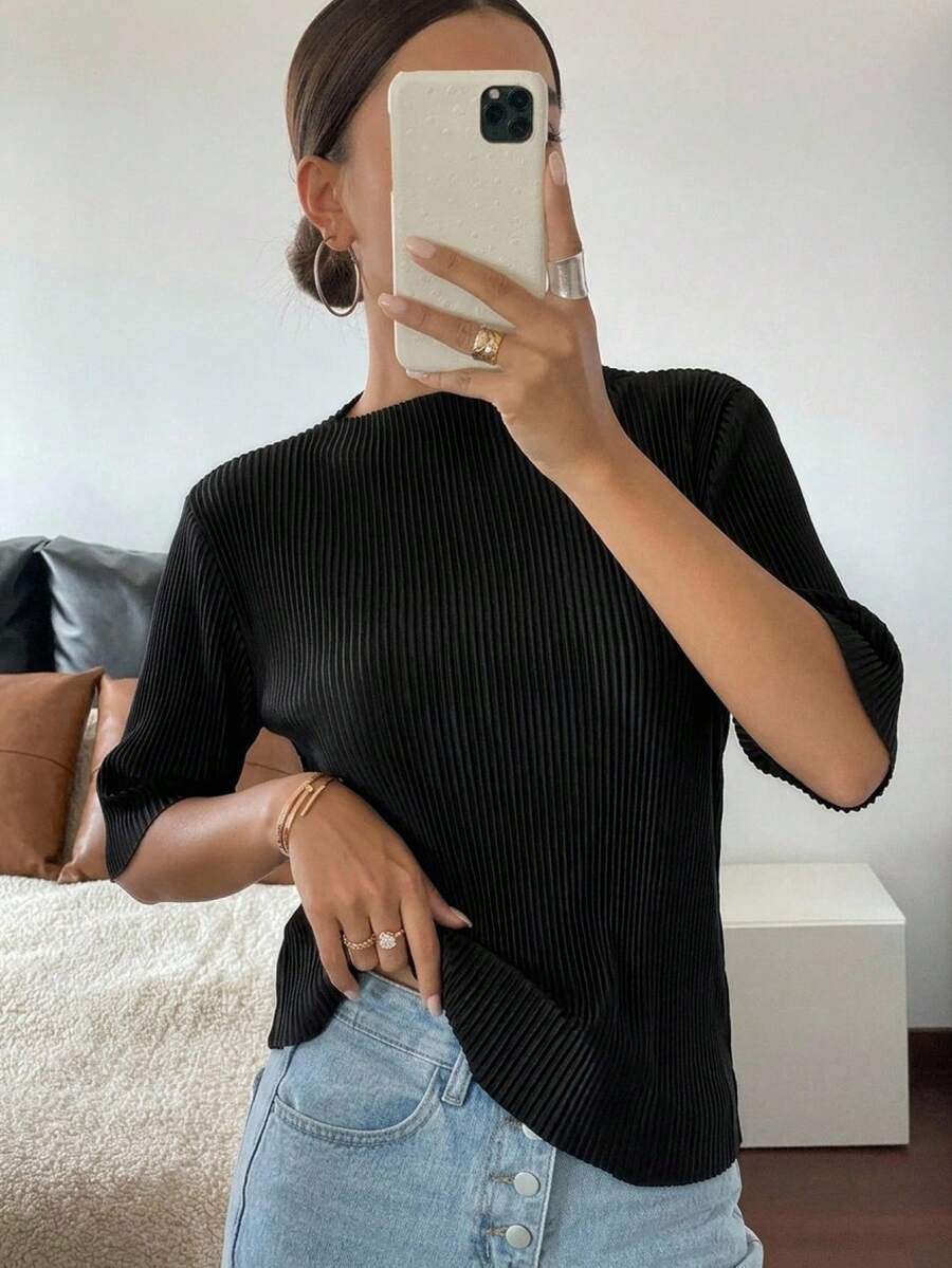 DAZY Camiseta De Punto Acanalado Sólido - Negro - Ver 1