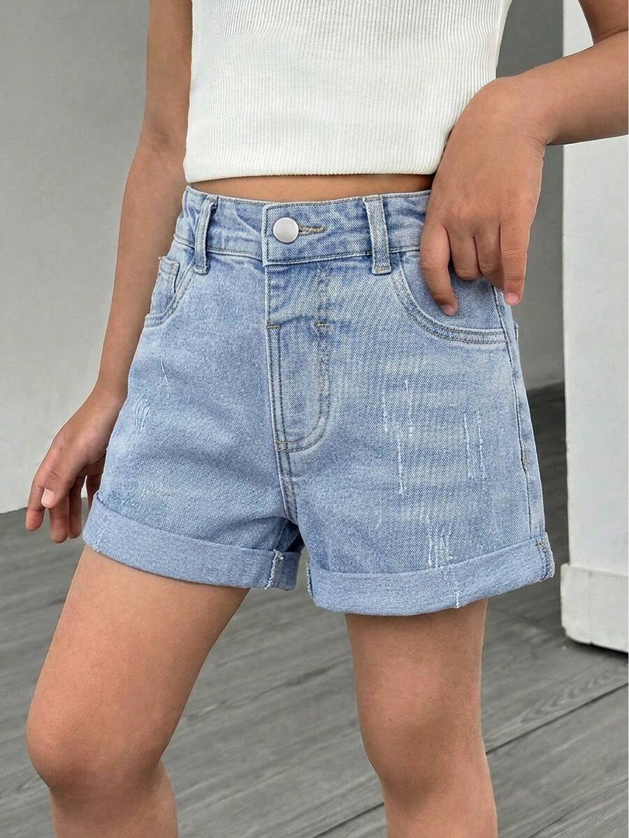 SHEIN 少女牛仔短裤 夏季新款 韩版时尚百搭 高腰卷边 舒适优质棉质牛仔布 日常基础款 上学穿搭 度假棉质夏季服装 儿童牛仔短裤 少女短裤