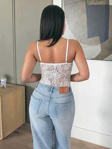 leahseptember Elegante body de encaje blanco sexy, adecuado para ir al trabajo, uso casual y vacaciones - Blanco - Ver 2