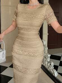 DAZY Women's Elegant Lace Solid Color Mid-Length Dress, Spring/Summer Sundress - Khaki - View 3