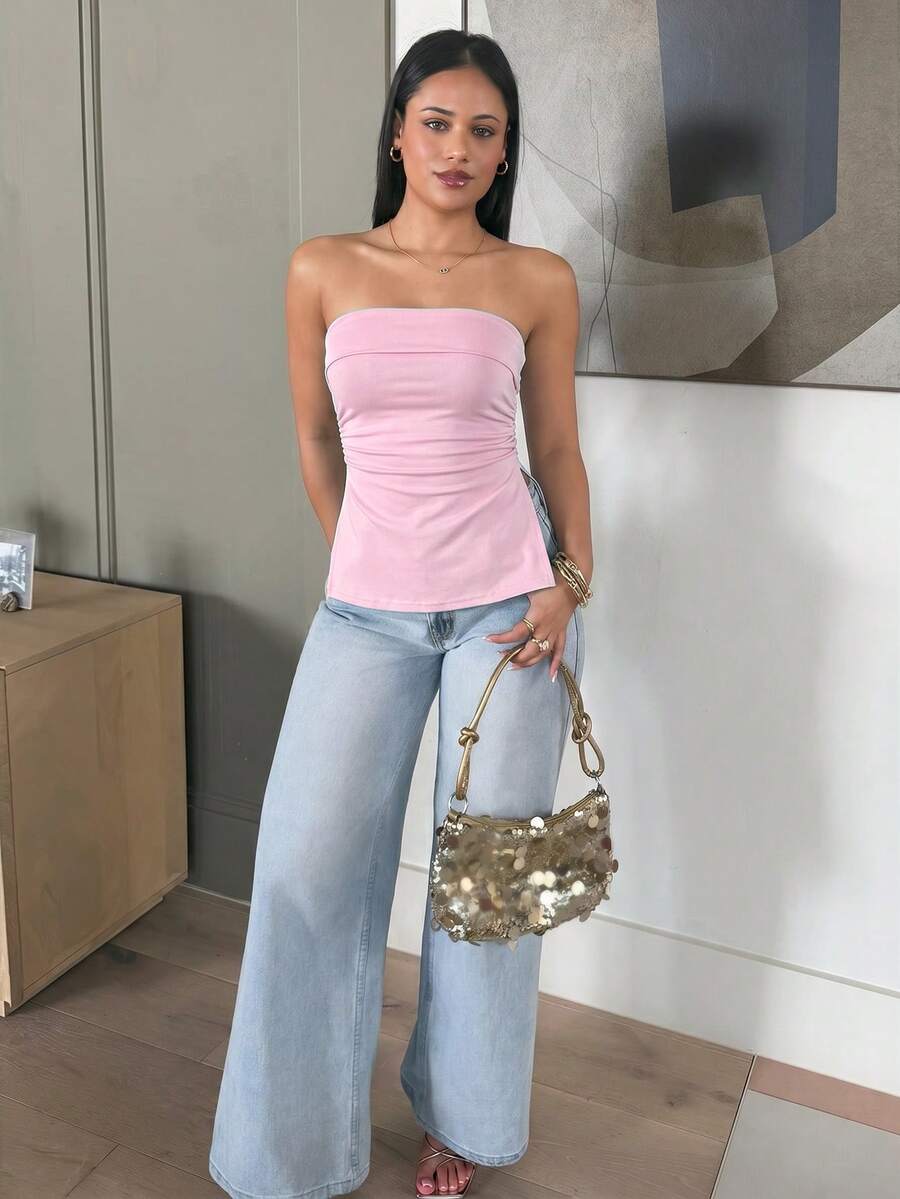leahseptember 春夏休閒沙灘風粉色 Y2K 亞文化豹紋印花下擺開衩設計女款短版上衣,美學風格 - 粉色 - 查看 1