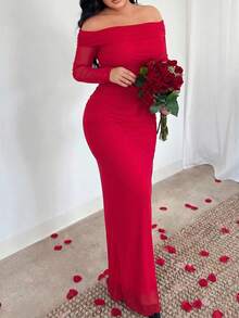 SHEIN SXY 酒紅色露肩優雅性感洋裝，適合婚禮、晚餐、夜晚、秋季 - 酒紅色 - 查看 5