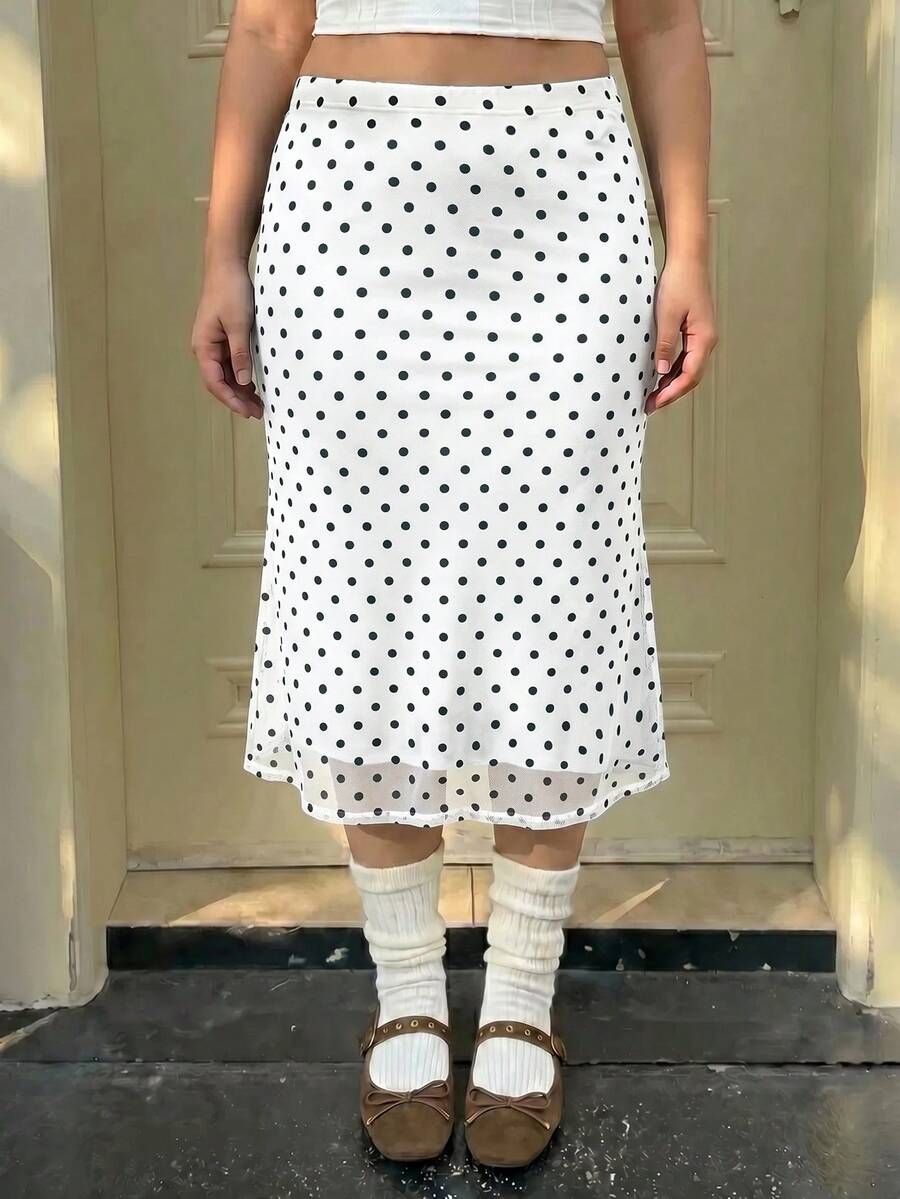 GalTyme Plus Size Polka Dot Print Fitted Casual White Skirt, Summer - White - View 1