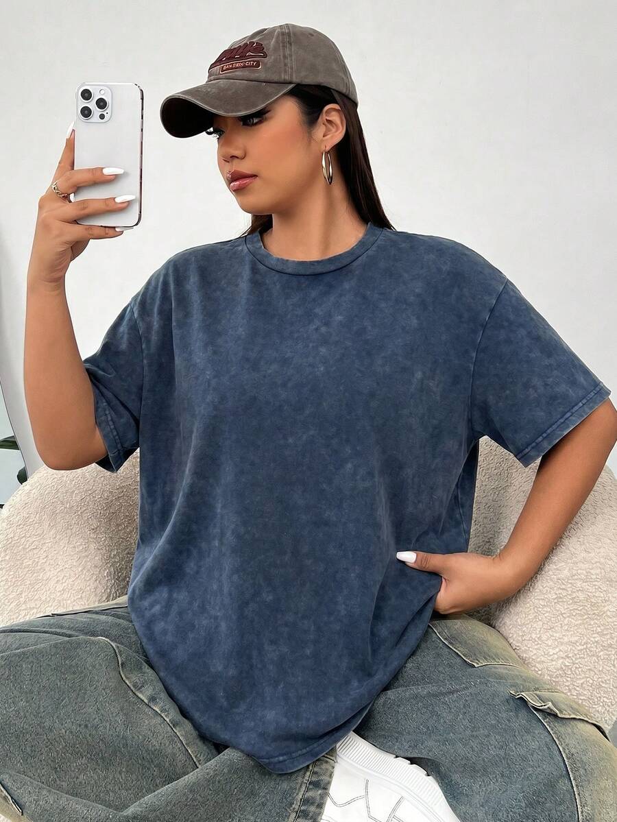 Solflare Plus Size Acid Washed Look Vintage Knitted Distressed Loose Fit Short Sleeve T-Shirt - Navy Blue - View 1