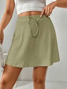 SHEIN Essnce Women's Solid Color Drawstring Waist Casual Versatile Daily Wear Skorts - Green - View 5