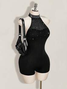 SHEIN ICON Women's Rhinestone Decor Halter Neck Romper Unitard - Black - View 6