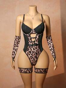 Spicy Aura Leopard Print Hollow Out Sexy Jumpsuit Set For Women, Includes Sleeves And Leg Rings, 3pcs Set - Multicolor - View 1