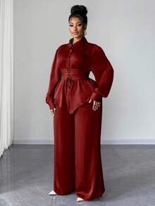 Maweii Plus Size Bowknot Waist Tie Shirt With Wide Leg Pants Two Pieces Set, Elegant Ladies Suit - Burgundy - View 5