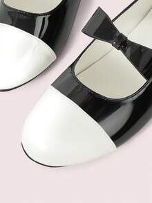 CUCCOO DOLLMOD Women's Shoes, Black And White Contrasting Glossy Texture, Bow Ballet Flats, Round Toe Comfortable Mary Jane Shoes, Soft Foot Flat Shoes For Daily Wedding Parties - Black and White - View 5
