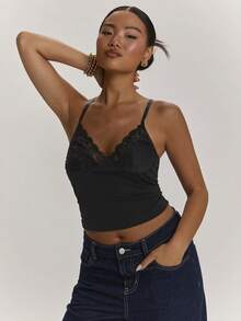SHEIN BAE Women's Contrast Lace Fitted Camisole Everyday Black Summer Casual Sexy Night Out Date Night - Black - View 6
