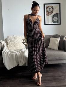 Ykhahaleahseptember Vestido con estampado de lunares y tirantes para espalda descubierta para mujeres - Marrón - Ver 3