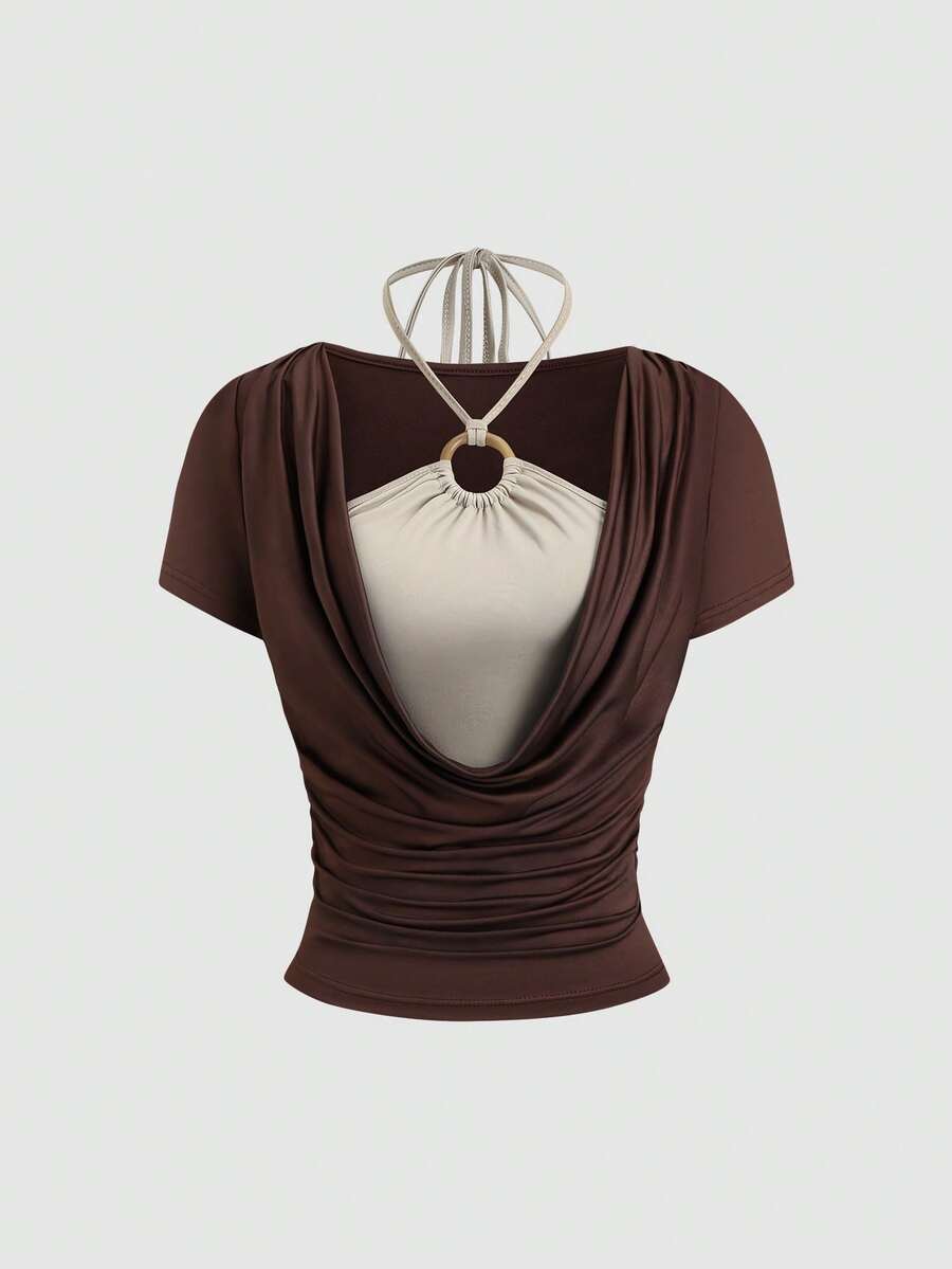 Sweetra Women's New Casual Swing Neck T-Shirt With Wooden Ring Decor, Suitable For Commuting, Daily Wear, Travel, Vacation In Spring, Summer, Autumn - Coffee Brown - View 1