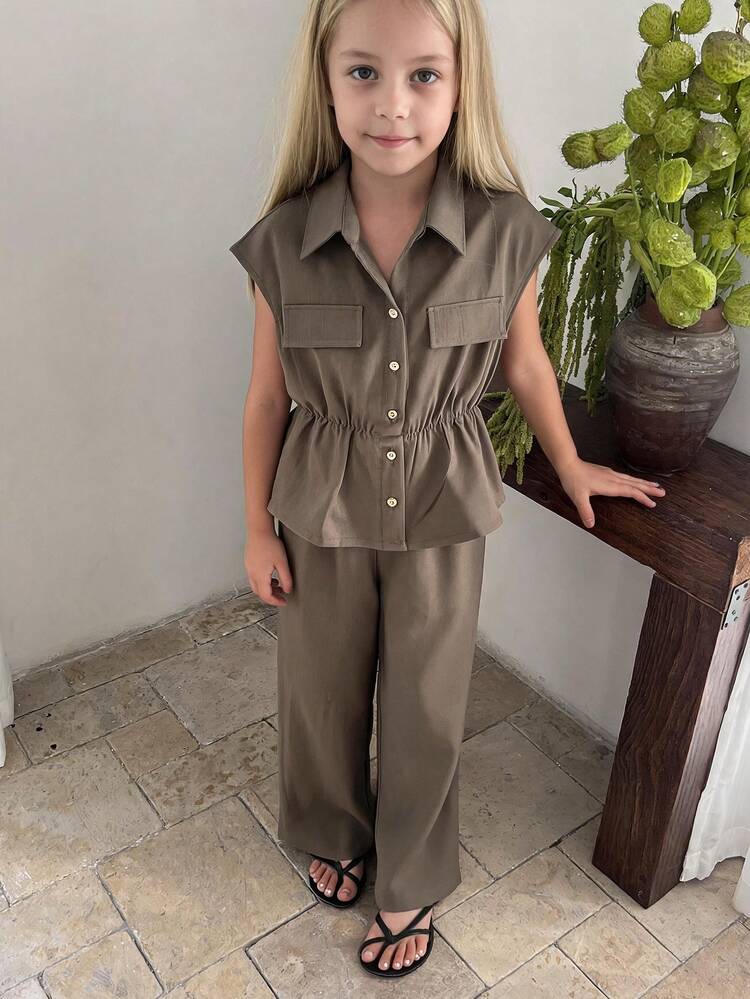 Turn-Down Collar Sleeveless Waist-Cinching Cropped Top + Straight Leg Long Pants Set For Girls (Large) Shirt Set