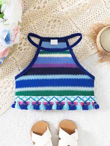 SHEIN Girls' Colorful Woven Rainbow Strap Camisole Top, Suitable For Daily, Festival, Vacation - Multicolor - View 1