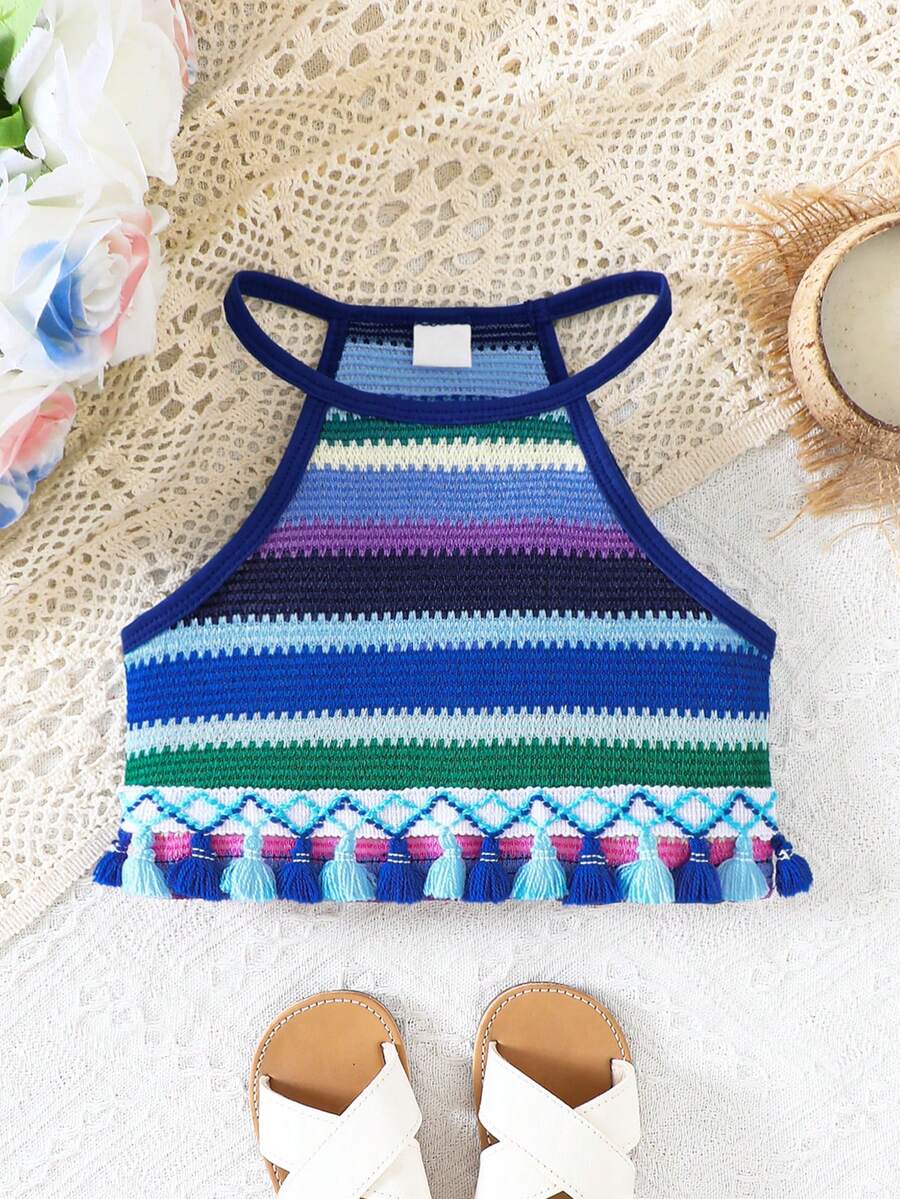 SHEIN Girls' Colorful Woven Rainbow Strap Camisole Top, Suitable For Daily, Festival, Vacation - Multicolor - View 1