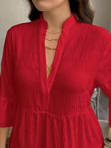 SHEIN LUNE Váy xếp tầng màu đỏ cho nữ cỡ lớn thời trang đi nghỉ mát màu trơn cổ khoét sâu váy xếp tầng màu đỏ Váy thường ngày cho nữ Váy xếp nếp Váy maxi màu đỏ Váy maxi xếp tầng - Đỏ - Xem 3