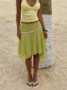 Aloruh Women's Light Green Chiffon Midi Skirt,Patchwork Sequin Shell Webbing Asymmetrical Hem,Boho Summer Beach Vacation Holiday Tropical Outfits - Green - View 6
