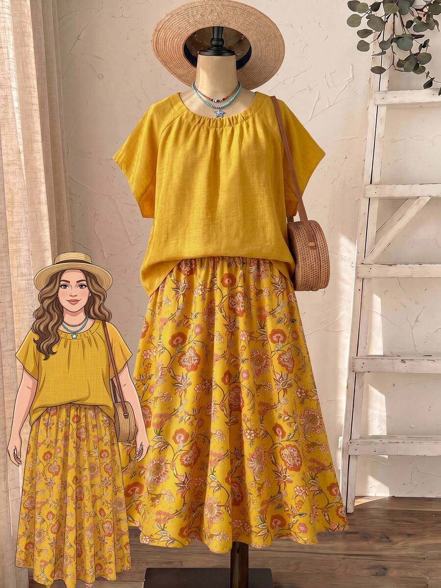 Rusticease 大尺碼女款素色圓領插肩袖上衣搭配花卉印花中長裙休閒兩件套