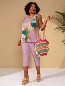 EMERY ROSE Plus Size Women Floral Print Ruffle Top And Pants Casual 2 Piece Set Vacation Lavender Summer For Beach Spring Clothing - Pink - View 4