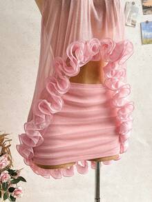 Soleia Women's Elegant Ruffle Backless Halter Top And Mini Skirt Set, Summer - Dusty Pink - View 5