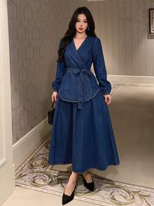 DAZY Women's Elegant Solid Color V-Neck Belted Shirt And A-Line Skirt 2-Piece Set, Spring/Summer - Blue - View 5