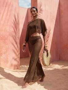 Zivah This Latest Women's Beach Brown Shawl Top And Skirt Set Is Suitable For All Occasions And Has A Bohemian Style. - Brown - View 9