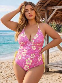SHEIN CURVE+ Conjunto de tankini con estampado floral de talla grande - Rosa - Ver 5