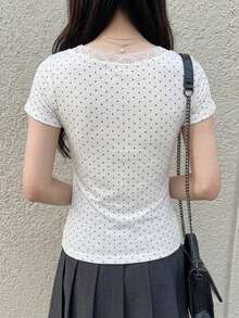 Dazy Tall 高個女性休閒優雅波點蕾絲拼接長袖T恤 白色配黑色波點 秋季可愛上衣 - 黑與白 - 查看 3