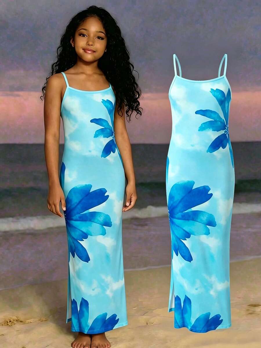 SHEIN Sparklyn 夏季女童无袖长裙,色彩缤纷的水果印花,充满活力,修身剪裁,侧开衩下摆,非常适合外出和拍照! - 彩色 - 查看 1