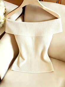 Cream White Casual Holiday Summer Tops For Women,One-Shoulder Basic Knitted Pit Fabric Brunch Tops, Date Commuting Wear WZQ7 - Apricot - View 2