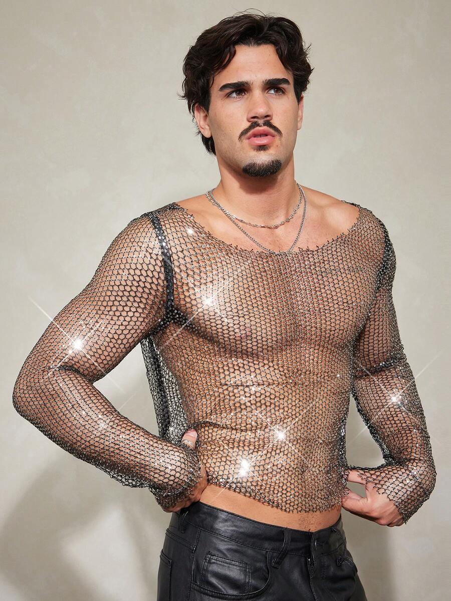 FeverCity Men's Sequin Mesh Round Neck Long Sleeve Top - Beige - View 1