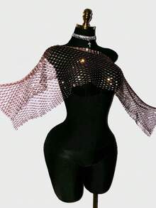 SHEIN Unity Women's Fishnet Rhinestone Cropped Top, Suitable For Holiday Party Golf Outfits Lilac Summer Sexy - Coffee Brown - View 4