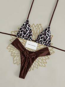 Swim Vcay 2026 Spring/Summer European And American Retro Leopard Print Spaghetti Strap Sexy Triangle Cup Separate Bikini Two Pieces Swimwear For Women, Halter Neck Tied Sexy Thong Bottom Low Waist Bikini, Petite Bust Enhancing Slimming Sexy Beach Vacation Swimwear - Multicolor - View 1