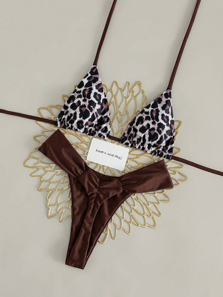 Swim Vcay 2026 Spring/Summer European And American Retro Leopard Print Spaghetti Strap Sexy Triangle Cup Separate Bikini Two Pieces Swimwear For Women, Halter Neck Tied Sexy Thong Bottom Low Waist Bikini, Petite Bust Enhancing Slimming Sexy Beach Vacation Swimwear - Multicolor - View 1